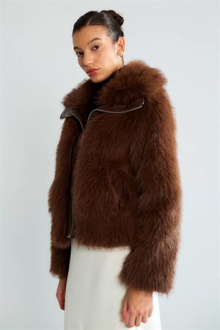 D99459 Deri Detay Fermuarlı Kürklü Ceket