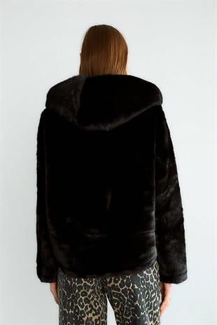 D99680 Kapüşonlu Fermuarlı Peluş Mont