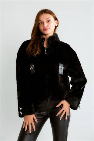 D99681 Deri Cep Kapaklı Kısa Crop Kürklü Ceket