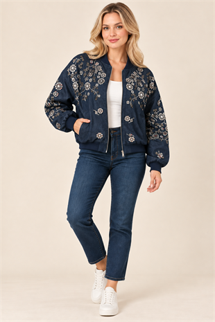D99947 Denim Taş Çiçek Nakışlı Bomber Ceket