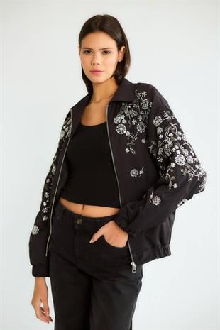 D99964 Fermuarlı Taş Çiçek Nakışlı Bomber Mont