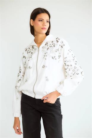 D99964 Fermuarlı Taş Çiçek Nakışlı Bomber Mont