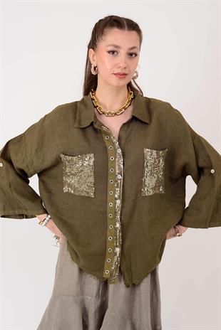 E3086 Zımbalı Pullu Çift Cepli Saçaklı Keten Gömlek