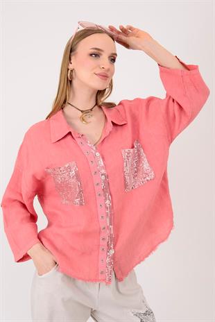 E3086 Zımbalı Pullu Çift Cepli Saçaklı Keten Gömlek