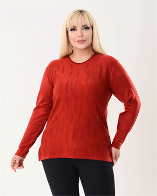 H1402 Bisiklet Yaka Serpme Taş Detay Bluz