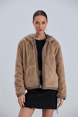 HELİN Kapüşonlu İçi Kürklü Çift Taraflı Cep Detay Kısa Mont