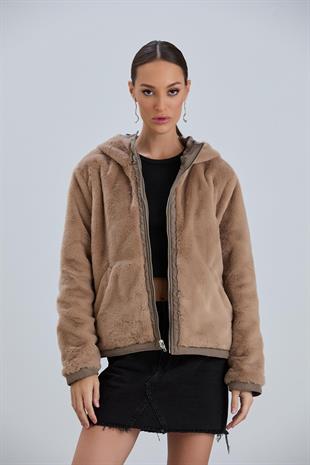 HELİN Kapüşonlu İçi Kürklü Çift Taraflı Cep Detay Kısa Mont