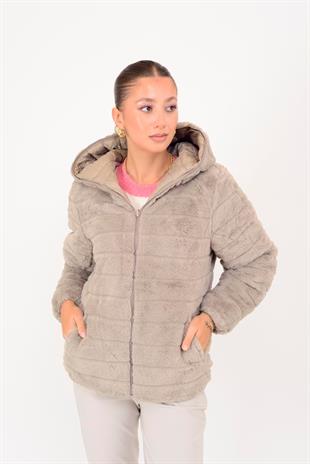 HV811 İçi Düz Desen Kürklü Kapitone Kapüşonlu Mont