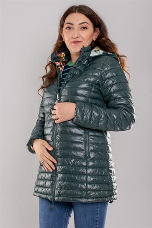 HV959 Slimfit İçi Çiçek Desen Kapüşonlu Eteği Büzgülü Kapitone Mont