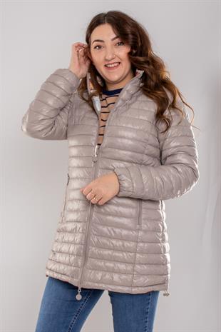 HV959 Slimfit İçi Çiçek Desen Kapüşonlu Eteği Büzgülü Kapitone Mont