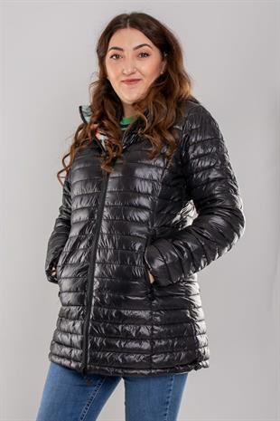 HV959 Slimfit İçi Çiçek Desen Kapüşonlu Eteği Büzgülü Kapitone Mont