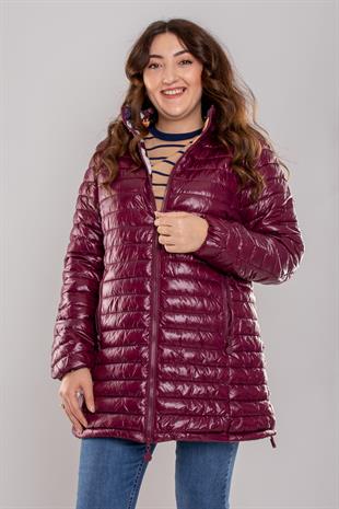 HV959 Slimfit İçi Çiçek Desen Kapüşonlu Eteği Büzgülü Kapitone Mont