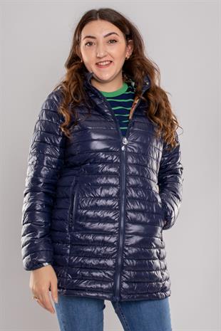 HV959 Slimfit İçi Çiçek Desen Kapüşonlu Eteği Büzgülü Kapitone Mont