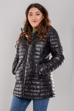 HV959 Slimfit İçi Çiçek Desen Kapüşonlu Eteği Büzgülü Kapitone Mont