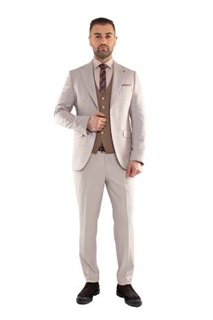 JK35SF02M061 Slimfit 6 Drop Kareli Yelekli Takım Elbise