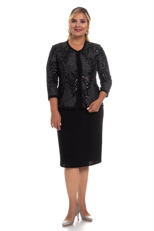 M-627 Büyük Beden Simli Pulpayet Kısa Elbise Ceket Takım
