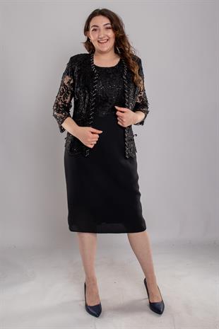 M-634 3D Güpür Pul Nakışlı Patı Boncuklu Kısa Elbise Ceket Takım