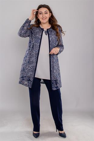 M-853 Büyük Beden Nakışlı Tül Detay Bluz Ceket Pantolon Üçlü Takım