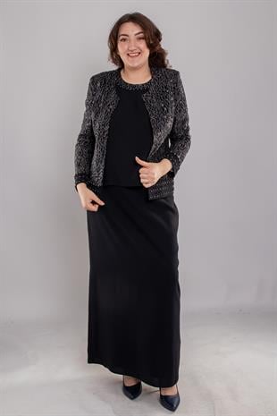 M-873 Büyük Beden Boncuklu Damar Desen Etek Bluz Ceket Üçlü Takım