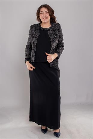 M-873 Büyük Beden Boncuklu Damar Desen Etek Bluz Ceket Üçlü Takım