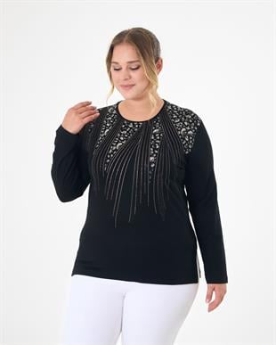 M219 Yaka Geometrik Desen Taşlı LEopar Baskı Bluz