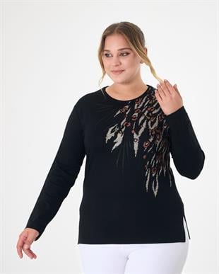 M221 Taşlı Leopar Baskı Bisiklet Yaka Bluz