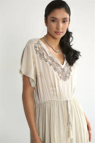 M38573 Yaka Paket Nakışlı Simli Astarlı Mibidoy Elbise