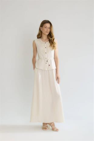 M38601 Pamuk Dantel Detay İplik Yelek Uzun Etek Takım