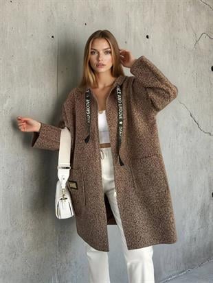 M39113 Kapüşonlu Fermuarlı Buklet Uzun Mont