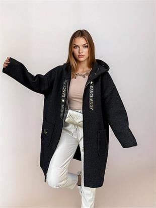 M39113 Kapüşonlu Fermuarlı Buklet Uzun Mont