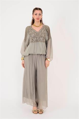 SN015 Düz Desen Lastikli İpek Pantolon