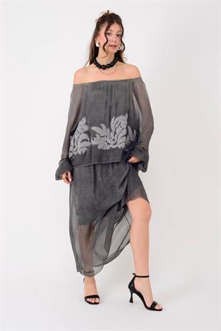 SN338 Nakış Detay Yaka Lastikli Bluzlu Uzun İpek Elbise