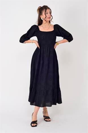 SN611 Kare Yaka Fistolu Katlı Uzun Elbise