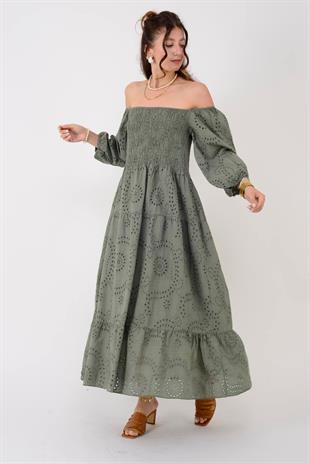 SN611 Kare Yaka Fistolu Katlı Uzun Elbise