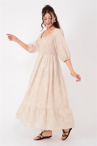 SN611 Kare Yaka Fistolu Katlı Uzun Elbise