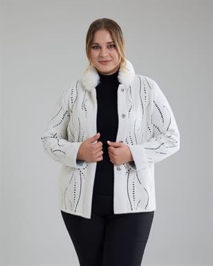 T049 Yaka Kürklü Suyolu Desenli Angora Ceket