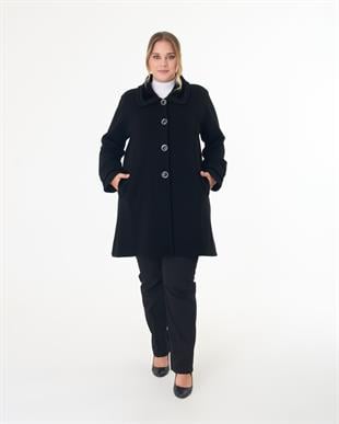 T2564 Yakası Kürklü Düğmeli Uzun Triko Kaban