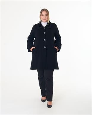 T2564 Yakası Kürklü Düğmeli Uzun Triko Kaban