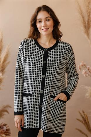 T4121 O yaka Kazayağı Desen Düğmeli Triko Ceket