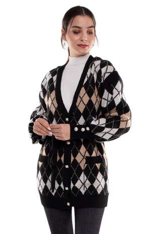 T93723 Cepli Baklava Desen İnci Düğmeli Triko Hırka