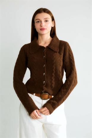 T95083 Fiyonk Düğmeli Polo Yaka Saç Örgü Crop Hırka