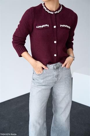 TH241074 Taş Düğmeli Cep Detay Kısa Triko Hırka