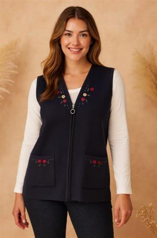 Ü8012 Nakışlı Fermuarlı Triko Yelek