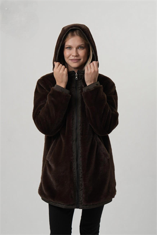 VİOLET Kapüşonlu Bele Bağcıklı İçi Peluş Kürklü Kadın Mont