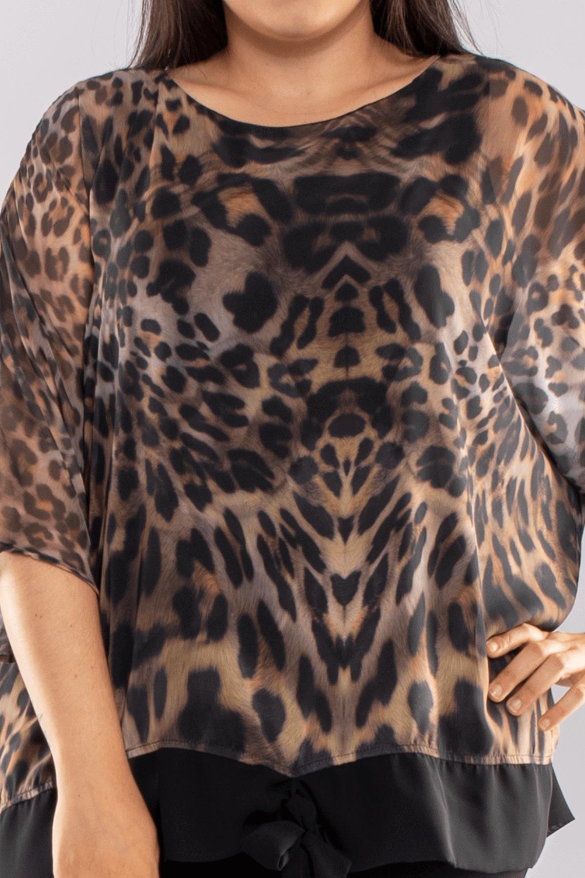 0105 Büyük Beden Leopar Desenli Eteği Bağçıklı 2'li Bluz