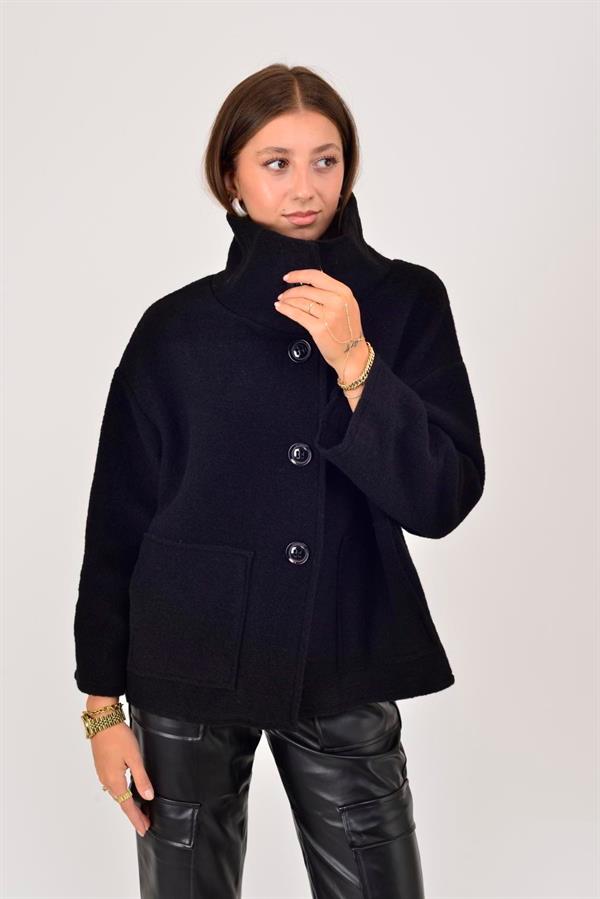 08023 Düz Desen Düğmeli Keçe Kaban