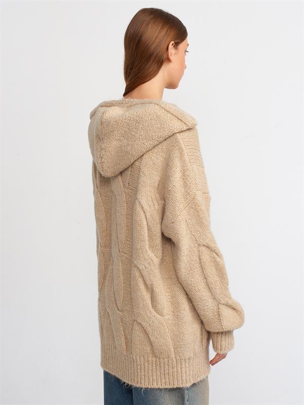 10496 Kapüşonlu Saç Örgü Oversize Kazak