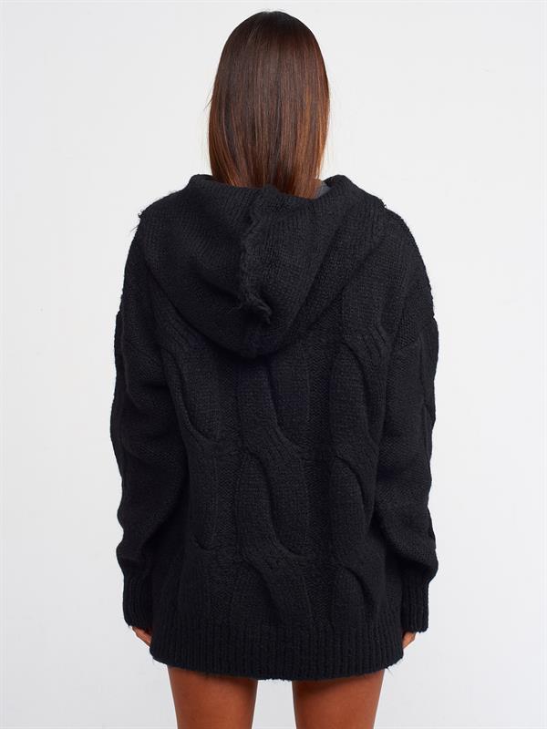 10496 Kapüşonlu Saç Örgü Oversize Kazak