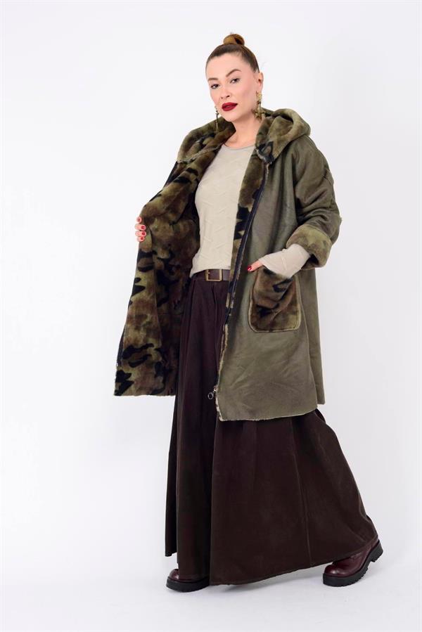 10726-3 Kamuflaj Desen Fermuarlı Uzun Süet Kaban