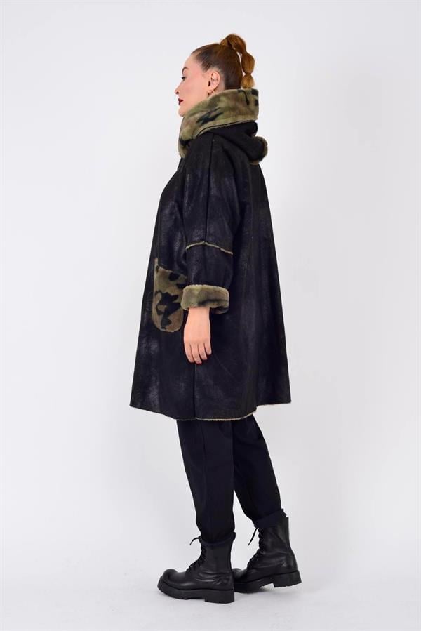 10726-3 Kamuflaj Desen Fermuarlı Uzun Süet Kaban